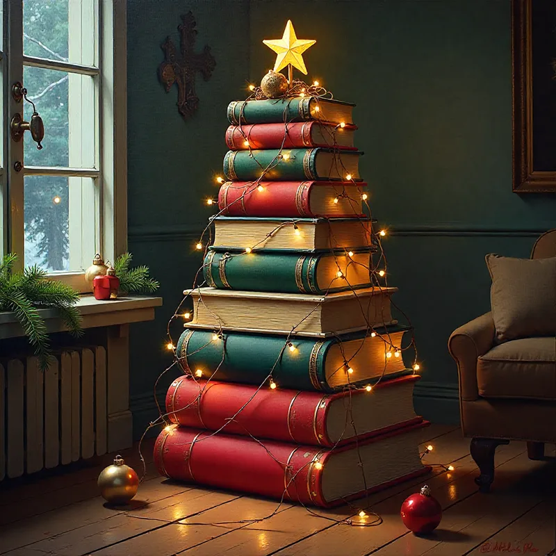 Pohon Natal dari tumpukan buku. Biaya lebih murah karena cukup menggunakan koleksi buku di rumah. Tinggal tambahkan ornamen.